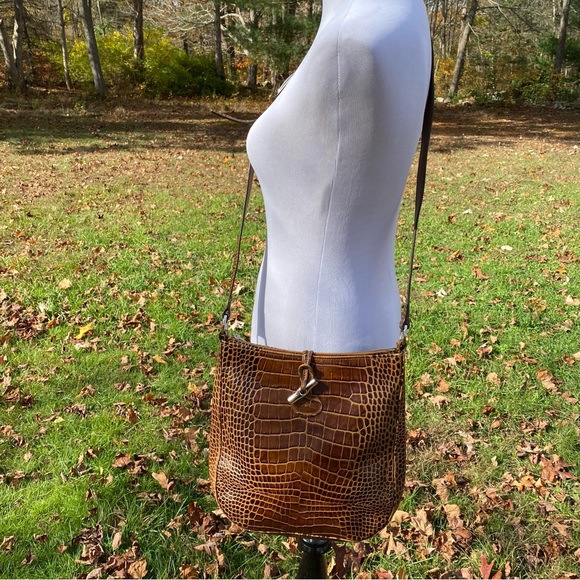 LONGCHAMP BAG CROSSBODY SHOULDER BROWN CROC LOOK LEATHER ZIP TOP SILVER HARDWARE - Picture 2 of 14